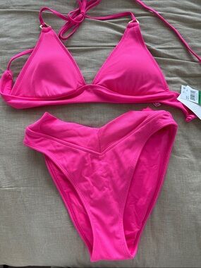 BECCA Hot Pink Ribbed Triangle Bikini Set